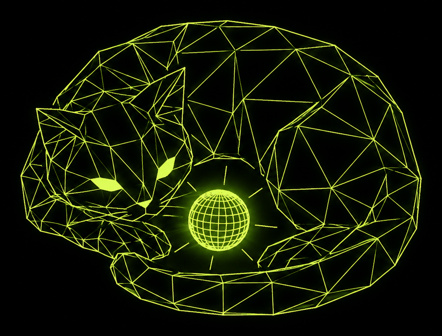 The Core Cat, curled around its core, drawn in one phosphor line.